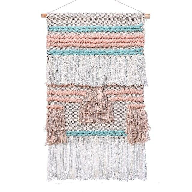 Tapiz de pared tejido rosa y blanco