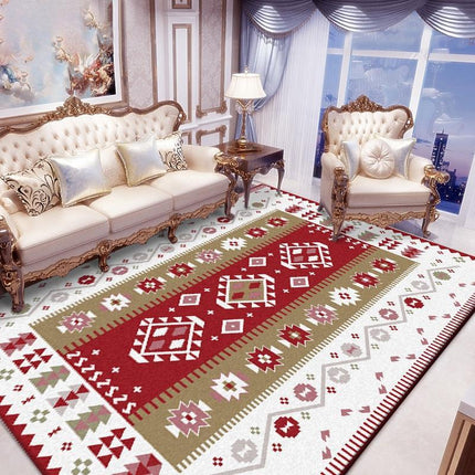 Alfombra de salón roja y blanca étnica
