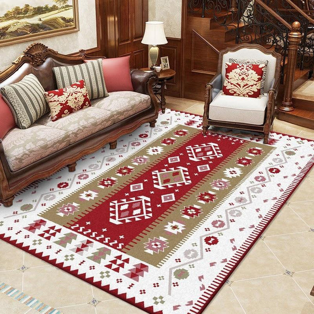 Alfombra de salón roja y blanca étnica