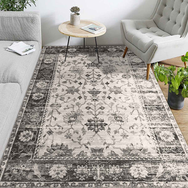 Alfombra vintage de salón gris y blanco
